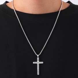 Fiusem Silver Tone Cross Necklace for Men, Bible Verse PROVERBS 4:23 Cross Pendant with 2.5mm Box Chain 20 Inch