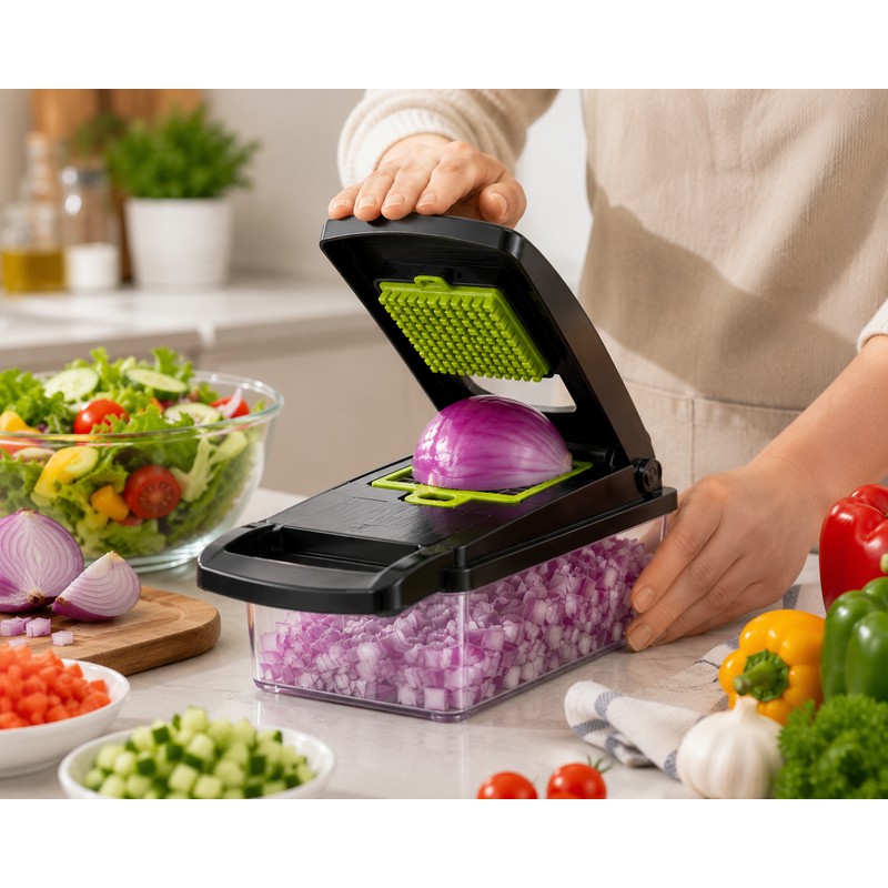 16-in-1 Vegetable Chopper with 8 Stainless Steel Blades, Food Container,
