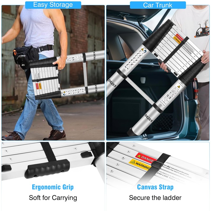 DEZEX 10.5 FT Aluminum Telescoping Ladders - One-Button Retraction Collapsible