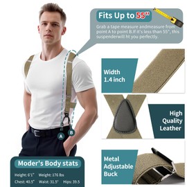 MISAKTEAM 2 Clips Side Mens Suspenders Heavy Duty Big And Tall Tan Suspenders for Jeans X-Back Suspender Adjustable Elastic Braces for Formal and Casual Wear