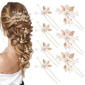 Yeomju Pack of 7 Bridal Hair Pins Golden Leaves Crystal Beads Vintage Headpiece Wedding Hair Accessories Jewellery with Rhinestones for Brides Bridesmaids Flower Girl (2 Styles)