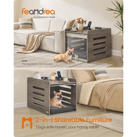 Feandrea Modern Dog Crate Furniture with Charging Station, Kennel Indoor with Flip-up Hidden Acrylic Door, for Small and Medium Dogs up to 45 lb, Side End Table, Heather Greige UPOC021G01