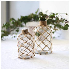 rismart Rustic Glass Bottle Flower Vase with Rope Net Home Decoration Green 16.2 x 8.2 cm