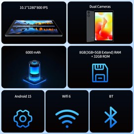 PRITOM 10 inch Android 15 Tablet, 8GB RAM, 32GB ROM, 6000Mah, Expand to 1024GB, Penta-Core Processor, 10 inch Tablet, Android Tablets HD IPS Screen, Camera, Wi-Fi, Bluetooth, Tablet PC(Gray)