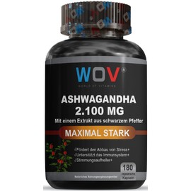 WOV® Ashwagandha Kapseln KSM-66® Hochdosiert -180 Kapseln, 6300mg pro Tag, 2.100mg pro Kapsel, Vegan Pulver – mit schwarzem pfeffer, Laborgeprüft, ohne Zusätze, in Deutschland produziert