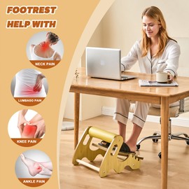 Foot Rest for Under Desk at Work- Adjustable Rocking Foot Stool with 3 Height Positions and Soft Crossbar, Ergonomic Wooden Footrest with Anti-Slip Surface for Home, Office