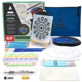 Arteza Mandala Dotting Tools, 49 Pieces — 9 Stencils, 6 Black Paper Circles, 3 Paintbrushes, 3 Rhinestone Sticker Sheets, 1 Easel, Art Supplies to Create Ornaments and Gifts