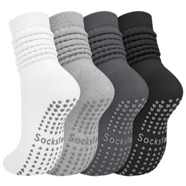4 Pairs Grip Pilates Socks for Women, Yoga Scrunch Slouch Non Slip Long Socks with Grippy Pilates Barre Workout Slipper 5-9