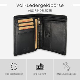 Baur Men's Genuine Leather Wallet with RFID Protection Large Wallet Portrait Format Wallet with Coin Compartment Wallet, black, Portrait format standard