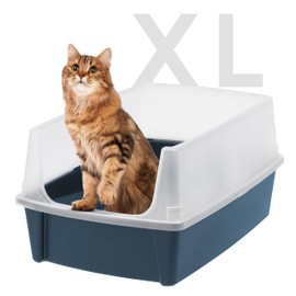 IRIS USA Extra Large Cat Litter Box with Scatter Shield, Open Top High Sided Cat Litter Pan, Navy