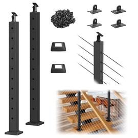 CKE Black Stair Cable Railing Post 36"x2"x2", 2 Packs Drilled Stair Post, 25-35 Degree Stairway Adjustable Top Stair Post with Cable Grommets, T304 Stainless Deck Stair Cable Railing Angle Post
