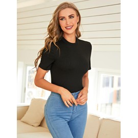 Verdusa Women's Casual Basic Mock Neck Short Sleeve Rib Knit Tee Top Black M