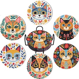 6 Pack Diamond Coaster Kits - Cute Cat Diamond Painting Coaster Kit with Holder, DIY Cat Diamonds Art Non-Slip Coaster Craft Kits for Adults Beginners Gifts