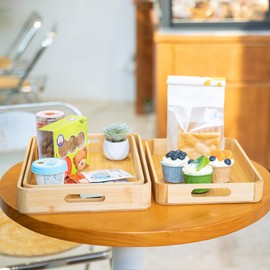 Bamboo Serving Tray with Handles,2 Pack Natural Bamboo Ottoman Tray,Great for Food, Drinks, Storage,Portable Bed tr ay for Living Room,Restaurants