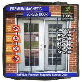 TheFitLife Double Door Magnetic Screen - Mesh Curtain with Full Frame Hook & Loop Powerful Magnets, Snap Shut Automatically for Patio, Sliding Or Large Door (Fits Doors up to 74''x80'')