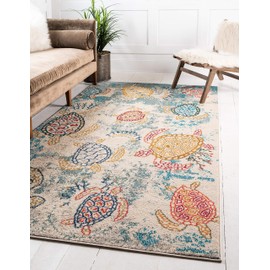 Unique Loom Positano Collection Coastal Modern Turtles Runner Rug_CAP007, 9' 0 x 12' 0, Beige/Blue