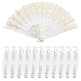 EOSAU 12 Packs White Folding Hand Fans for Women Foldable, Bulk Fans Handheld for Wedding Party Favors Bridal Shower Church Dancing Decoration Prop with Organza Bags