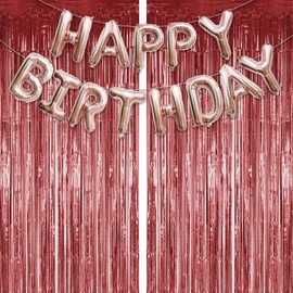 2PCS Rose Gold Birthday Party Decorations Tinsel Foil Curtains Door Streamers Backdrop with Rosegold Happy Birthday Balloons Banner Foil Fringe Curtain Background for Women Girls Birthday Decorations