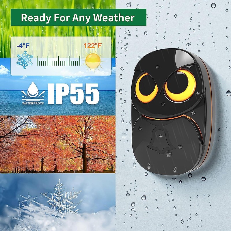 Wireless Doorbell, Cute Owl Doorbell Weatherproof IP55 Outdoor Remote Push