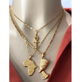 3 piece set ANKH NECKLACE 24k gold plated nefertiti necklace - Size: 18in,18in,18in