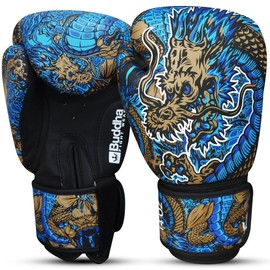 BUDDHA FIGHT WEAR Blue Dragon Boxing Gloves, Designed for Training and Sparring in Muay Thai Kickboxing Fitness - Men and Women - 14 oz