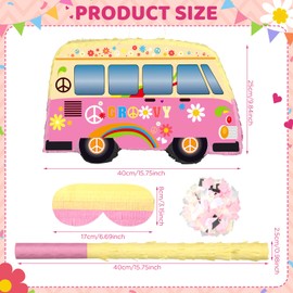 Groovy Bus Pinatas for Birthday Party Hippie Bus Pinata with Bat Blindfold Stick Confetti Rainbow Retro Boho Groovy Pinatas Gifts for Birthday Baby Shower Bus Theme Party Favors 15.8x9.8x3.2 Inches