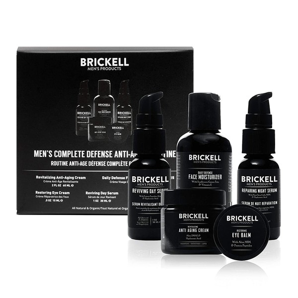 Brickell Men's Complete Defense Anti Aging Routine, Night Face Cream, Vitamin C Day and Night Serum, Facial Moisturizer w/SPF and Eye Cream, Natural and Organic, Unscented