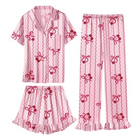 Umeyda Pajama Set for Girls Soft Silk Satin Button Down Pj Sets 3 Piece Sleepwear Loungewear, Pink Bow Cherry, 5-6 Years