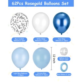 Pack of 60 Blue Balloons Navy Light Blue White with Ribbons Balloons Blue 12 Inch Latex Balloons Metallic Confetti Balloons Set for Children Birthday Wedding Christening Baby Shower Decoration