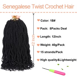 Mscat 12 Inch Senegalese Twist Crochet Hair with Wavy Curly Ends 8 Packs Short Pre Looped Black Twist Synthetic Crochet Braids for Women Girl Kids 1B#