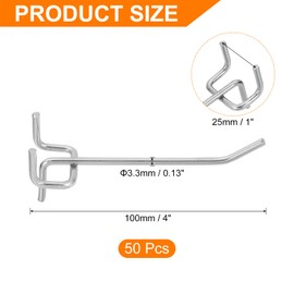 sourcing map 50Pcs 4" Pegboard Hooks, L Shape Metal Wall Hooks, Pegboard Tool Accessories Fit 1/8" Pegboard 25mm Hole Distance for Wall Organizing, Garage, Kitchen, Store, Silver