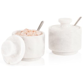 MARBLOUS KRAFTS Marble Salt Cellar with Lid and Spoon 3'' White Sugar Bowl, Seasoning Containers Kitchen Storage- Sugar Container Kitchen Countertop