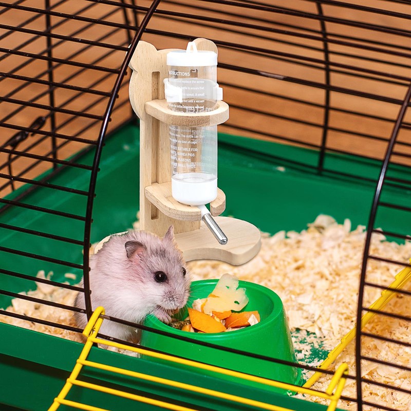 2 Pcs Wooden Hamster Wheel & Water Bottle Holder Set,
