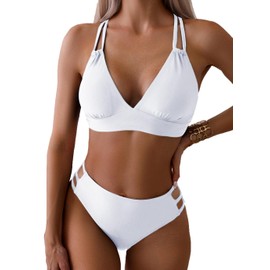 Fanuerg Women's V Neck Bikini Sets Hollow Out Push Up Swimsuit Criss Cross Back Two Piece Bathing Suit White M