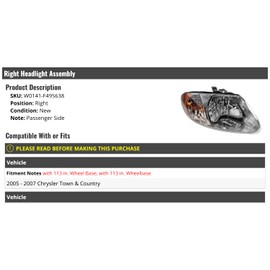 Marketplace Auto Parts - Right Passenger Side Headlight Assembly - Compatible with 2001-2007 Chrysler Town and Country (2005-2007 Models with 113 Inch Wheel Base)