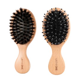 2Pcs Mini Boar Bristle Hair brush and Small Hairbrush for Thick Curly Thin Long Short Wet or Dry Hair, Mini Detangler, Pocket Brush with Soft Boar Bristles