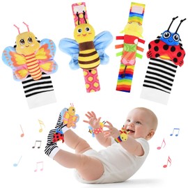 Juguetes para bebés de 0 a 6 meses - Sonajeros de muñeca y calcetines con sonajero para pies y localizador de pies para bebés recién nacidos, niños y niñas, esenciales para bebés, juguetes sensoriales