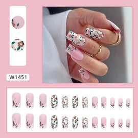 French Tip Press on Nails Medium Length Fake Nails with Pink Flowers Design False Nail Tips Matte Glue on Nails French Reusable Stick on Nails for Women and Girls Decoration Manicure 24 PCS