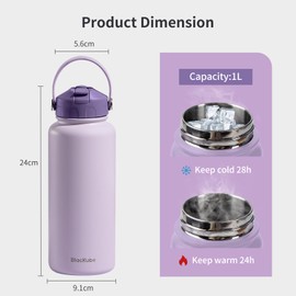 Blackube Edelstahl Trinkflasche mit Strohhalm-trinkflasche 1l-Thermosflasche Thermoskanne - BPA-Frei, Auslaufsicher, Große Trinkflasche aus Metall