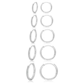 PABBEU Silver Hoops Earrings for Women S925 Sterling Silver Hoops Earrings with Cubic Zirconia Small Hoop Earrings Huggie Silver Sleeper Earrings for Women Girls 5Pairs