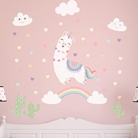 Calcomanías de pared con diseño de unicornio de llama blanca y corazones para habitación de niñas, niños y calcomanías