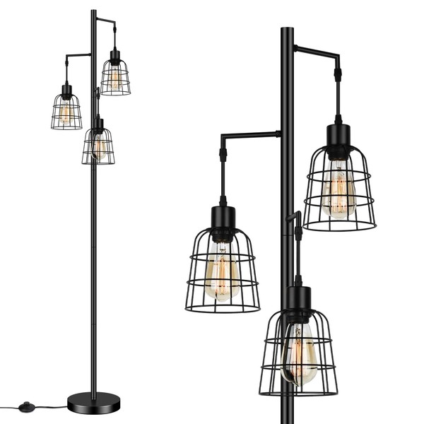 Industrial 3-Light Tree Floor Lamp with Cup-Shaped Cages Farmhouse Rustic Tall Standing Lamp for Living Room Vintage Elegant Black Pole Light with Edison E26 Base Metal Shade for Bedroom Office Hotel