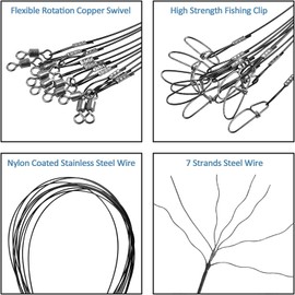 20PCS Fishing Leaders Saltwater 150LB Heavy Duty Stainless Steel Fishing Wire Leader Line High Strength Fishing Leader with Swivels Snaps Fishing Lure Rigs Black/Red/Green (Black - 20pcs)