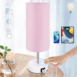 Yarra-Decor Desk Lamp with USB Port, Touch Control Desk Lamp with 3 Levels Brightness, Bedside Table Lamp with Round Pink Shade for Bedroom, Living Room, Dorm, Home Office
