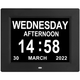 Extra Large Digital Calendar Day Date Time of Week Clock Non-Abbreviated Day & Month 12 Alarm Options Perfect for Seniors Elderly with Dementia Impaired Vision Memory Loss Clocks (8 Inch)