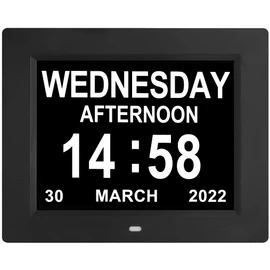 Extra Large Digital Calendar Day Date Time of Week Clock Non-Abbreviated Day & Month 12 Alarm Options Perfect for Seniors Elderly with Dementia Impaired Vision Memory Loss Clocks (8 Inch)