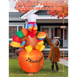 6 FT Inflatables Turkey for Thanksgiving Outdoor Decoration, Chef Turkey Holding Hamburger Sitting on Pumpkin, LED Lighted Blow Up, Thanksgiving Yard Decor for Party