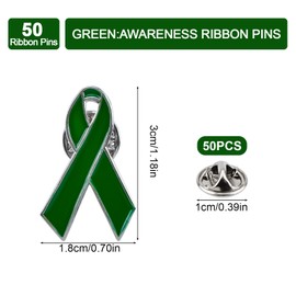 WANDIC Green Ribbon Pin, 50 Pcs 1.18 * 0.7inch Silver Back Health Awareness Lapel Pin Mental Health Ribbon Brooches Hope Pins for Decoration
