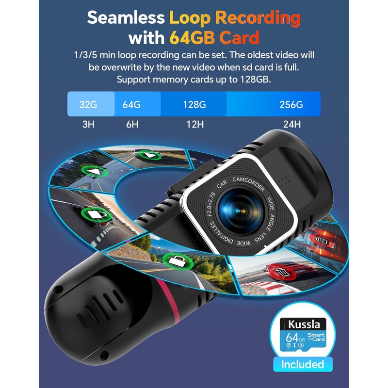 Kussla 3 Channel Dash Cam Front and Rear Inside, 1080P