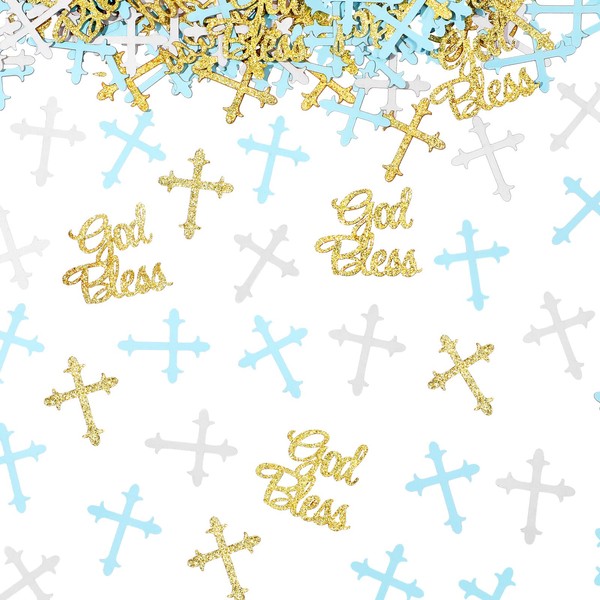 300 Pieces Glitter Cross Confetti God Bless Confetti Table Confetti Cross Decorations for Baptism Party Baby Shower Birthday Gender Reveal First Communion Party Supplies (Blue, Gold, White)
